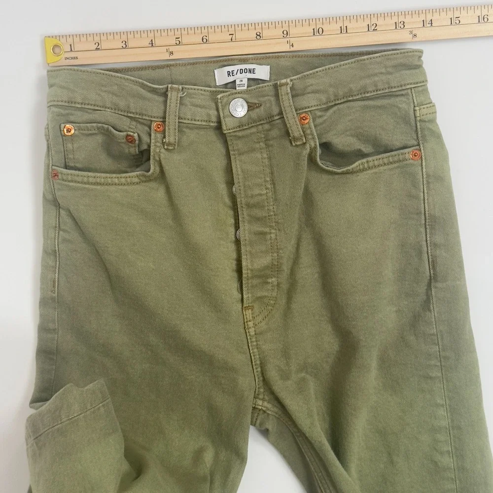 RE/DONE High Rise Ankle Crop Jeans Olive‎ Green Button Fly Raw Hem Denim Size 28
